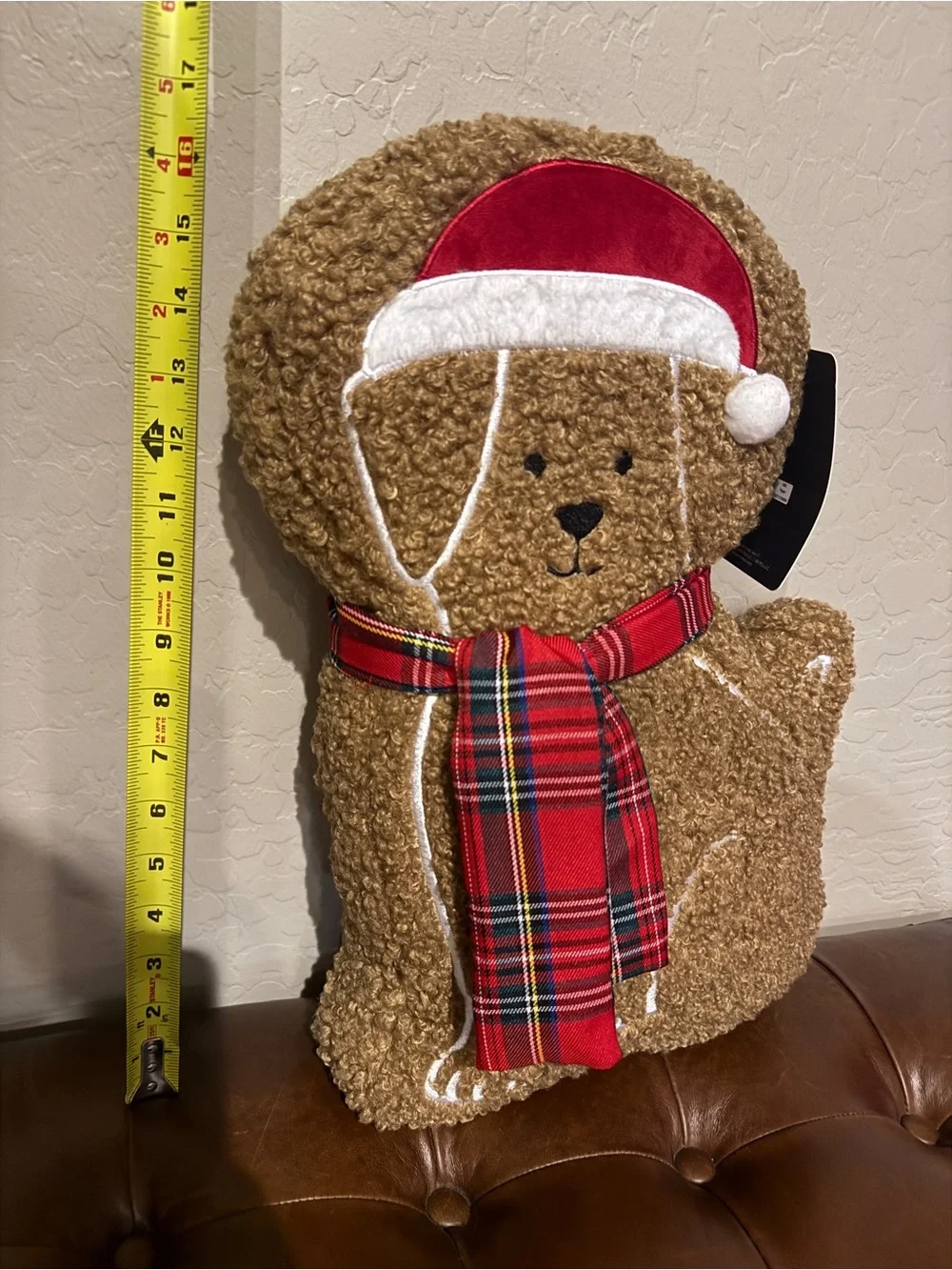 Holiday Plush Dog Pillow with Red Plaid Scarf